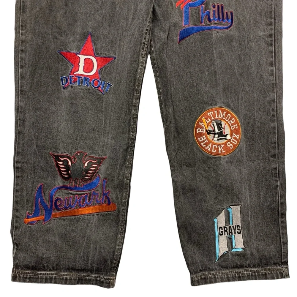 Negro League Baggy Fit Baseball Jeans 44 x 34 Embroidered Patches Black Grey * - Picture 3 of 14